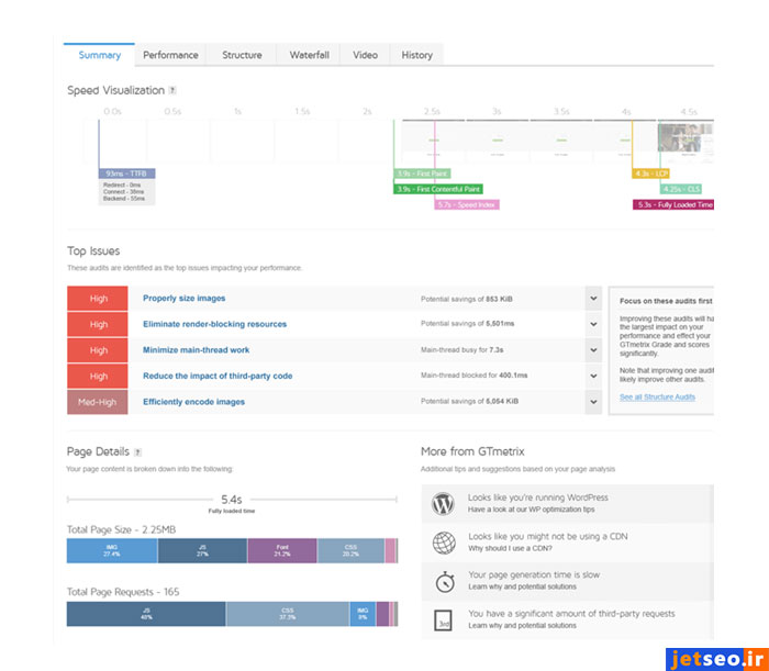 تب summary برای گزارش عملکرد صفحه، ساختار و حرکات لود وبسایت در جی تی متریکس جدید