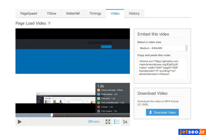 استفاده از ویدئوی تحلیلی برای تحلیل سرعت سایت در بخش Video در جی تی متریکس