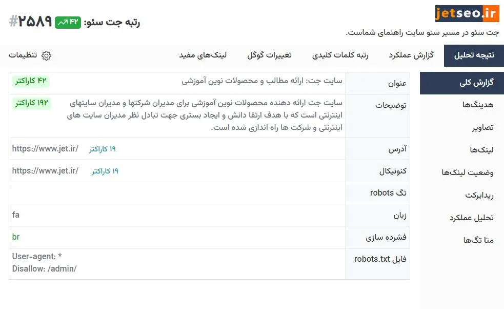 گزارش کلی صفحه در اکستنشن جت سئو
