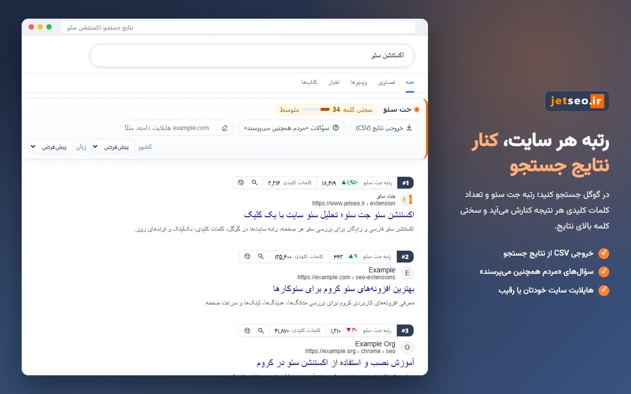رتبه جت سئو و تعداد کلمات کلیدی هر سایت کنار نتایج گوگل با اکستنشن سئو جت سئو
